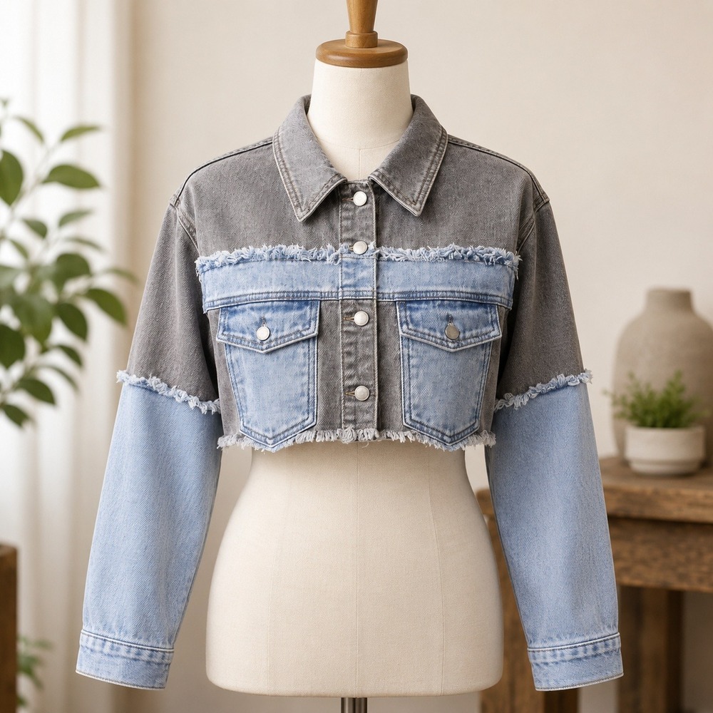 NWT PrettyLittleThing Denim Jacket Womens 6 Grey Blue Cropped Frayed Two-Tone